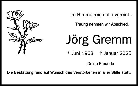 Traueranzeige von Jörg Gremm von WochenSpiegel