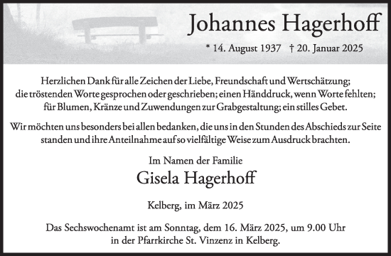 Traueranzeige von Johannes Hagerhoft von WochenSpiegel