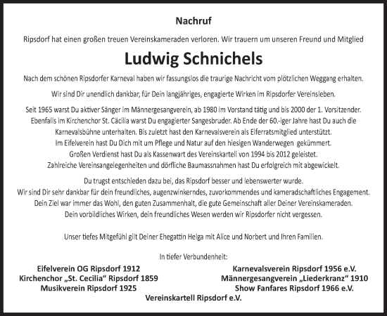 Traueranzeige von Ludwig Schnichels von WochenSpiegel