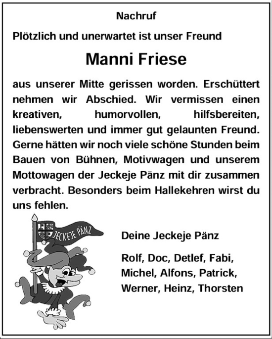 Traueranzeige von Manni Friese von WochenSpiegel