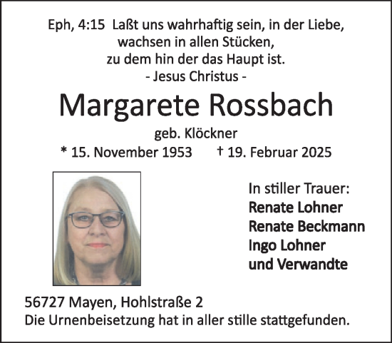 Traueranzeige von Margarete Rossbach von WochenSpiegel