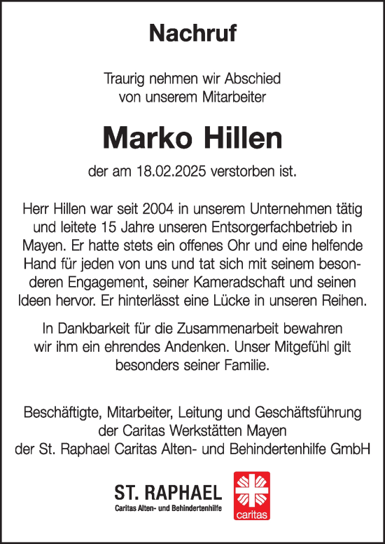 Traueranzeige von Marko Hillen von WochenSpiegel