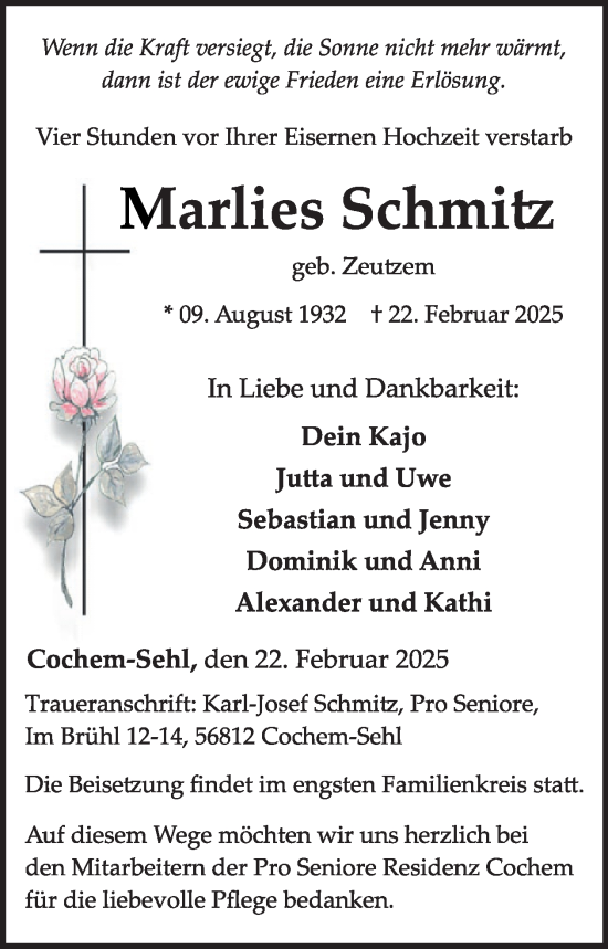 Traueranzeige von Marlies Schmitz von WochenSpiegel