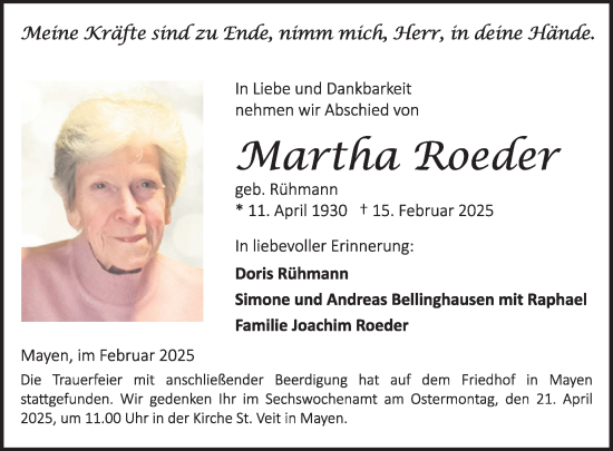 Traueranzeige von Martha Roeder von WochenSpiegel