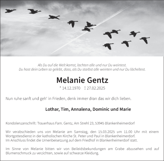 Traueranzeige von Melanie Gentz von WochenSpiegel