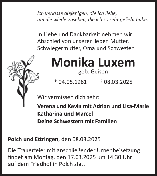 Traueranzeige von Monika Luxem von WochenSpiegel