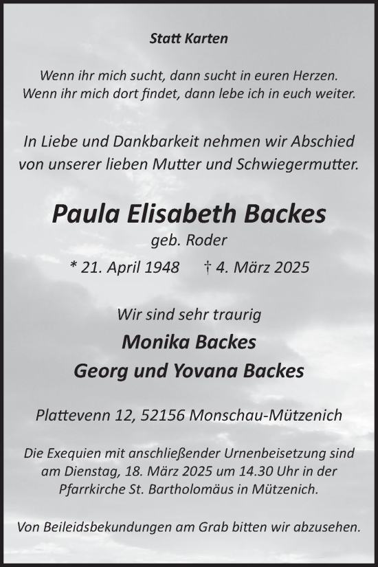 Traueranzeige von Paula Elisabeth Backes von WochenSpiegel