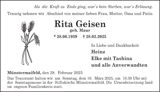 Traueranzeige von Rita Geisen von WochenSpiegel