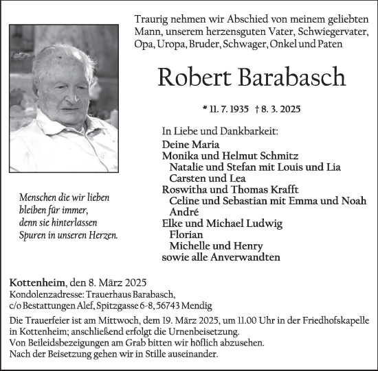 Traueranzeige von Robert Barabasch von WochenSpiegel