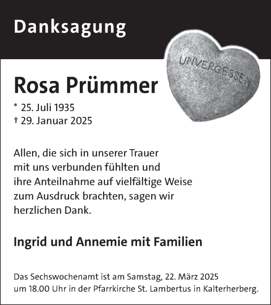 Traueranzeige von Rosa Prümmer von WochenSpiegel