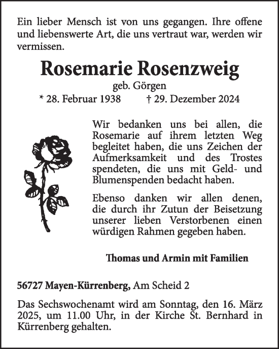 Traueranzeige von Rosemarie Rosenzweig von WochenSpiegel