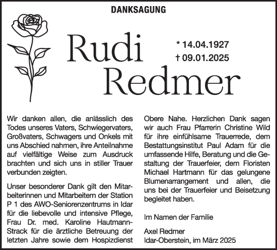 Traueranzeige von Rudi Redmer von WochenSpiegel