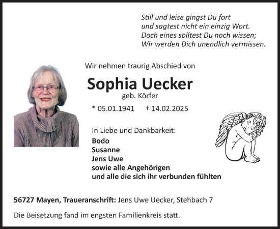 Traueranzeige von Sophia Uecker von WochenSpiegel