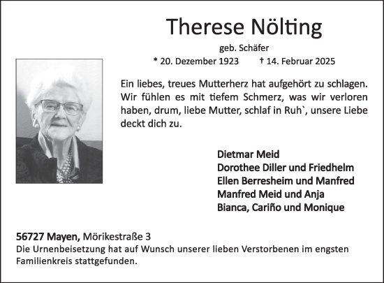 Traueranzeige von Therese Nölting von WochenSpiegel