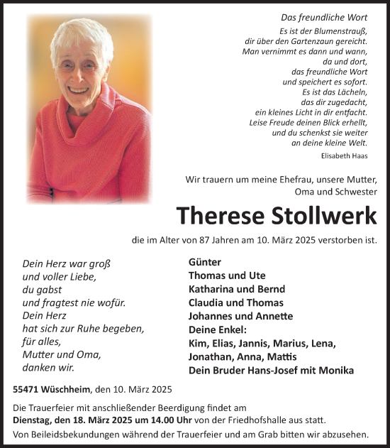 Traueranzeige von Therese Stollwerk von WochenSpiegel