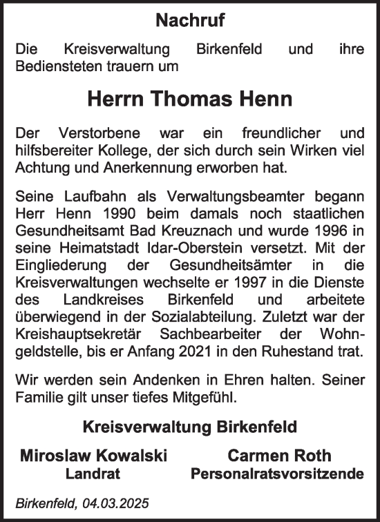 Traueranzeige von Thomas Henn von WochenSpiegel