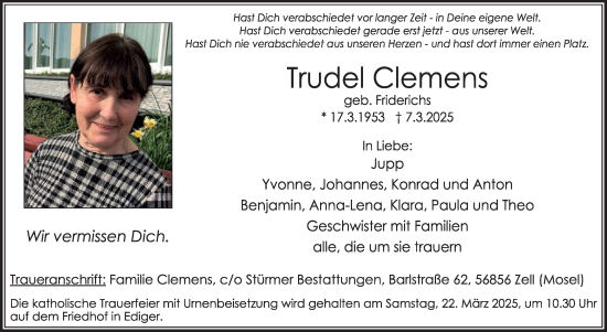 Traueranzeige von Trudel Clemens von WochenSpiegel