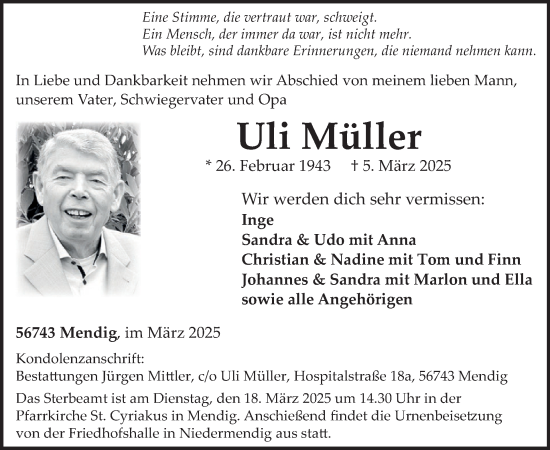 Traueranzeige von Uli Müller von WochenSpiegel