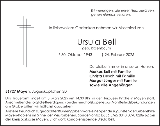 Traueranzeige von Ursula Bell von WochenSpiegel