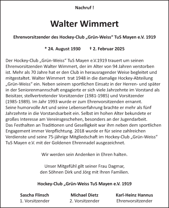 Traueranzeige von Walter Wimmert von WochenSpiegel