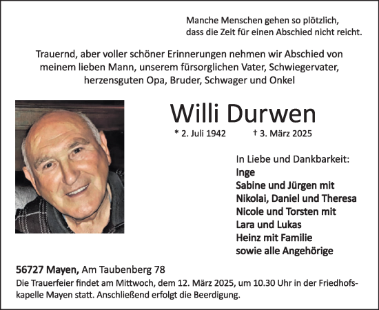 Traueranzeige von Willi Durwen von WochenSpiegel