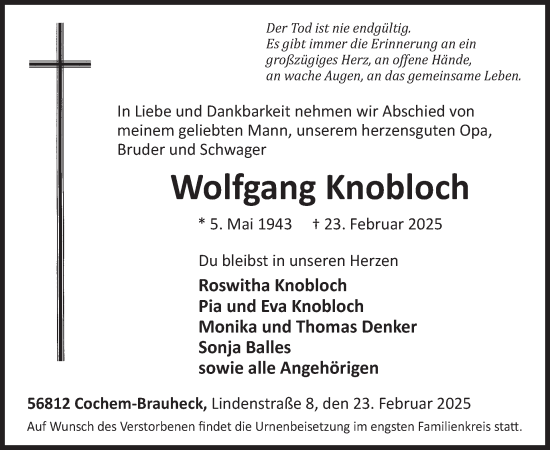 Traueranzeige von Wolfgang Knobloch von WochenSpiegel