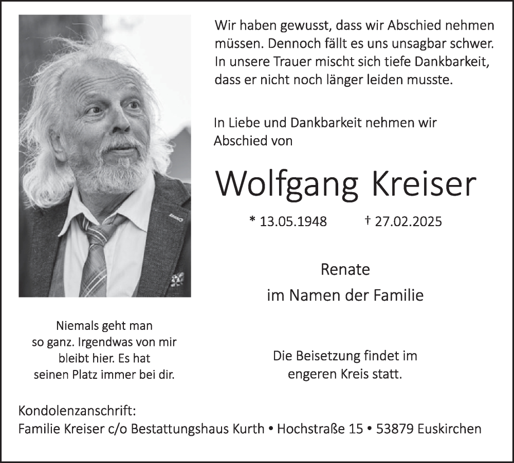  Traueranzeige für Wolfgang Kreiser vom 12.03.2025 aus WochenSpiegel