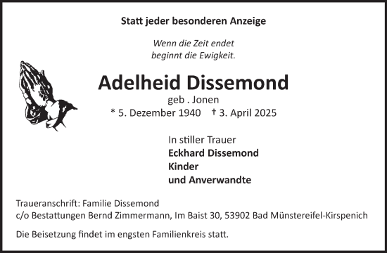 Traueranzeige von Adelheid Dissemond von WochenSpiegel