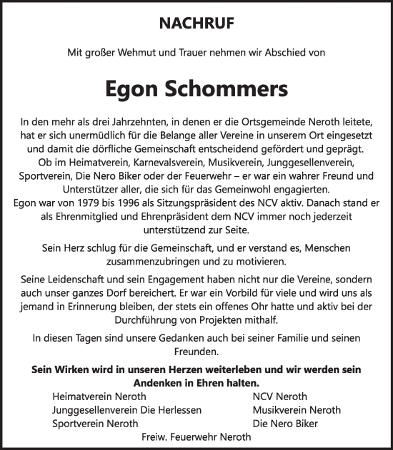 Traueranzeige von Egon Schommers von WochenSpiegel