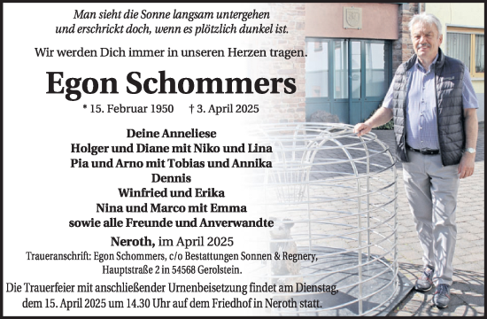 Traueranzeige von Egon Schommers von WochenSpiegel