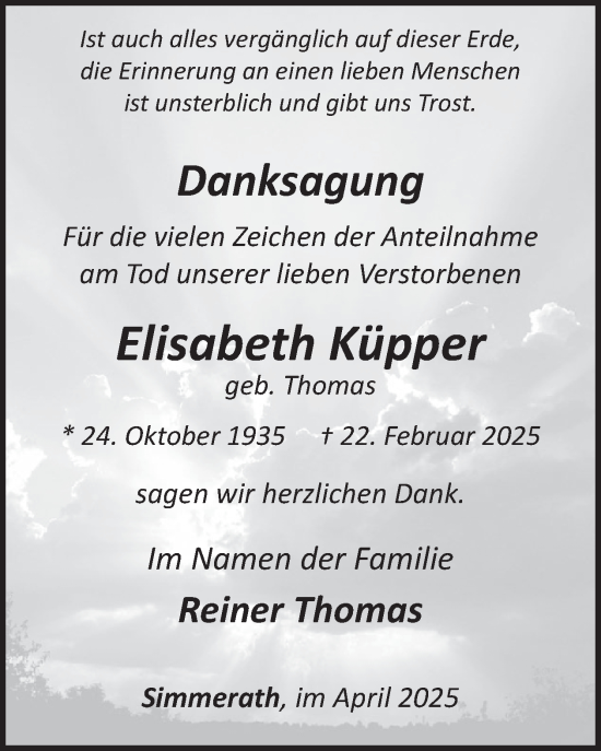 Traueranzeige von Elisabeth Küpper von WochenSpiegel