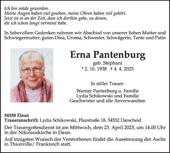 Traueranzeige von Erna Pantenburg von WochenSpiegel
