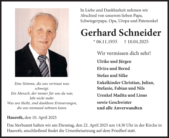 Traueranzeige von Gerhard Schneider von WochenSpiegel