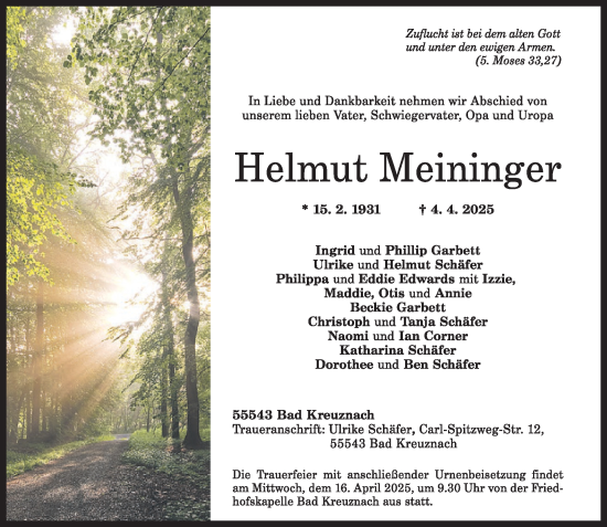 Traueranzeige von Helmut Meininger von WochenSpiegel