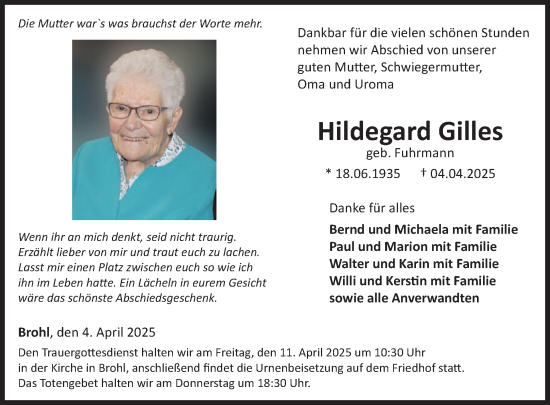 Traueranzeige von Hildegard Gilles von WochenSpiegel
