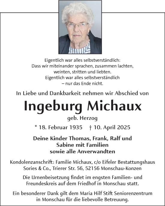 Traueranzeige von Ingeburg Michaux von WochenSpiegel