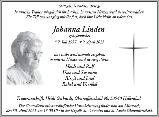 Traueranzeige von Johanna Linden von WochenSpiegel