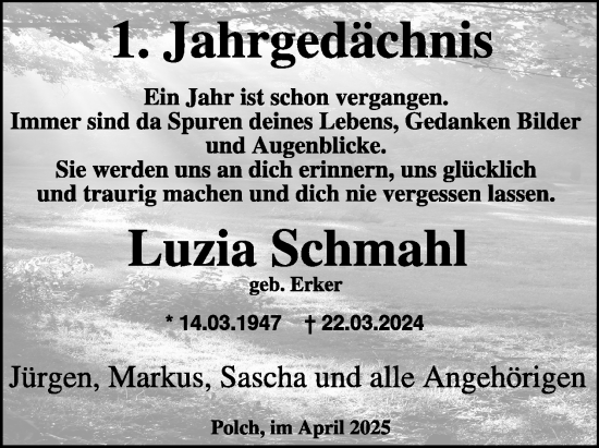 Traueranzeige von Luzia Schmahl von WochenSpiegel