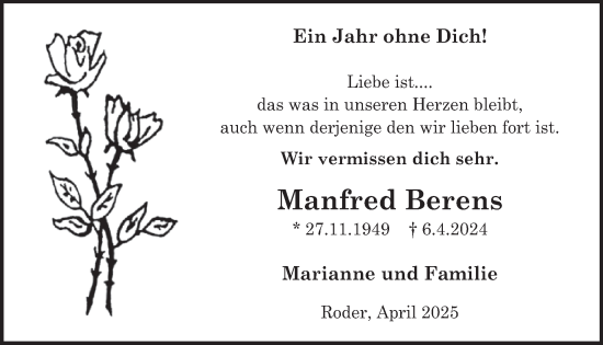 Traueranzeige von Manfred Berens von WochenSpiegel