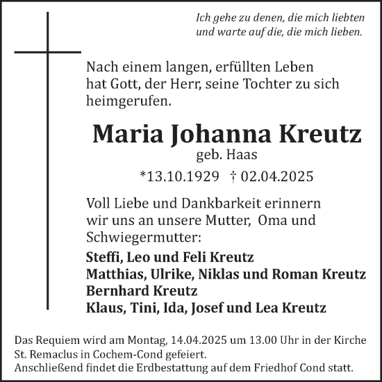 Traueranzeige von Maria Johanna Kreutz von WochenSpiegel