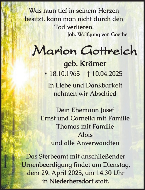 Traueranzeige von Marion Gottreich von WochenSpiegel