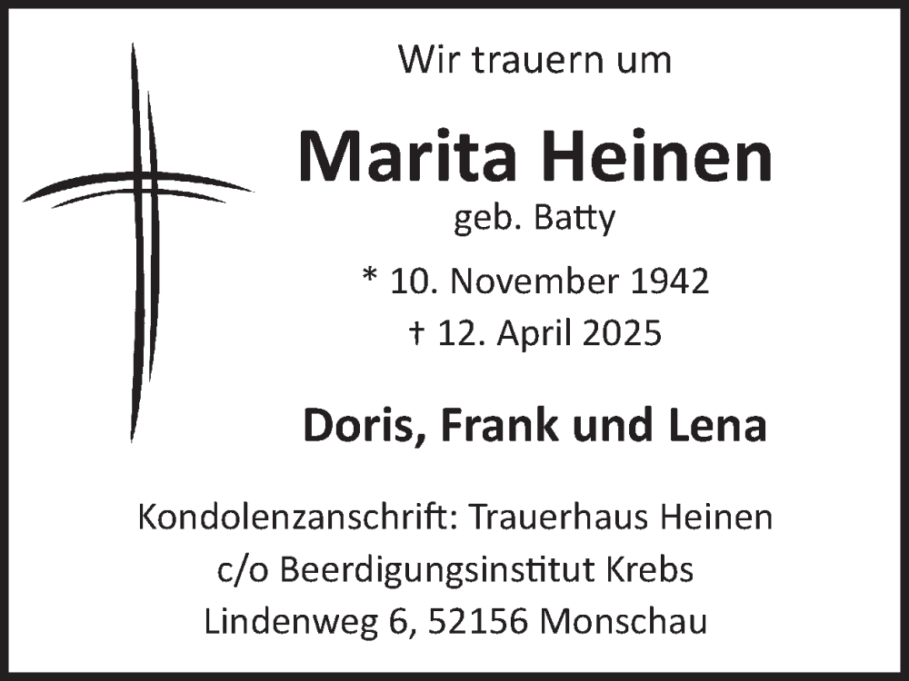  Traueranzeige für Marita Heinen vom 23.04.2025 aus WochenSpiegel