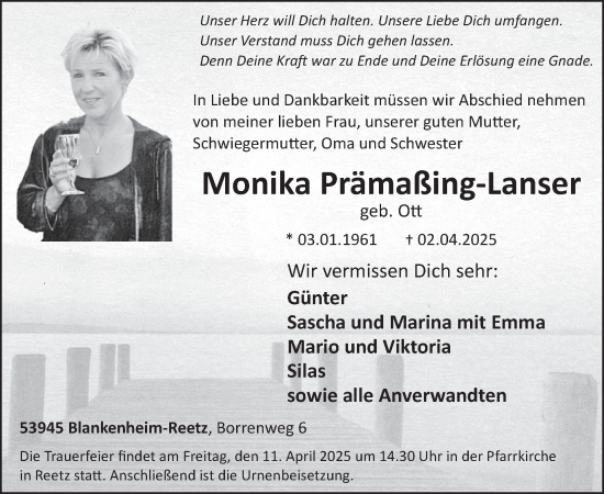Traueranzeige von Monika Prämaßing-Lanser von WochenSpiegel