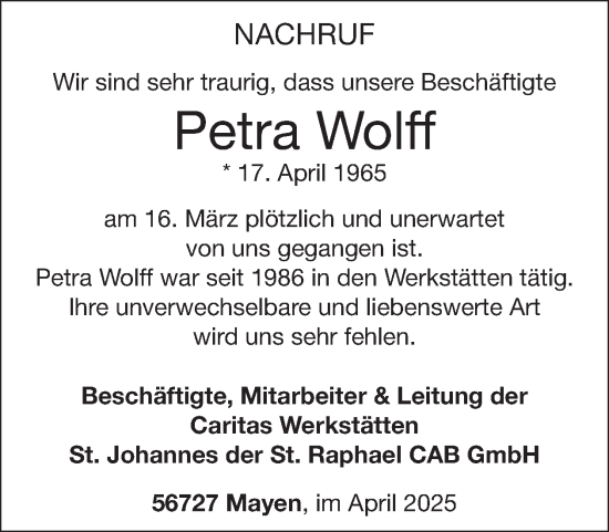 Traueranzeige von Petra Wolff von WochenSpiegel