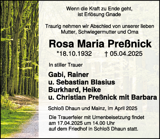 Traueranzeige von Rosa Maria Preßnick von WochenSpiegel
