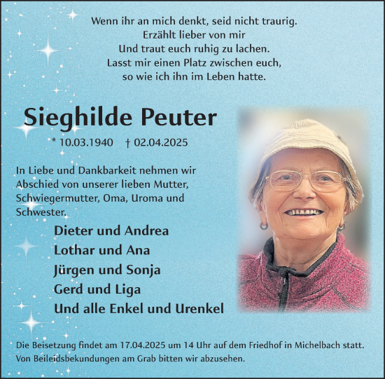 Traueranzeige von Sieghilde Peuter von WochenSpiegel