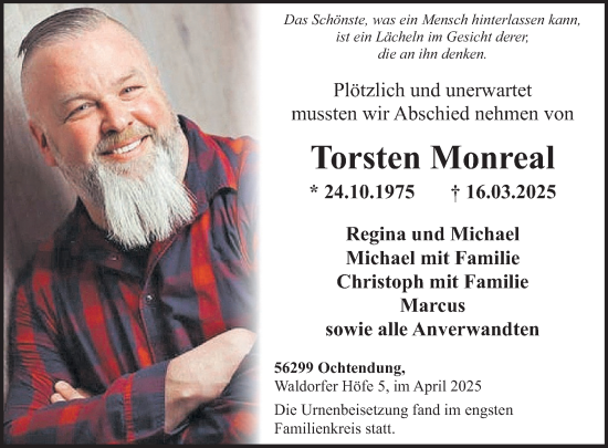 Traueranzeige von Torsten Monreal von WochenSpiegel