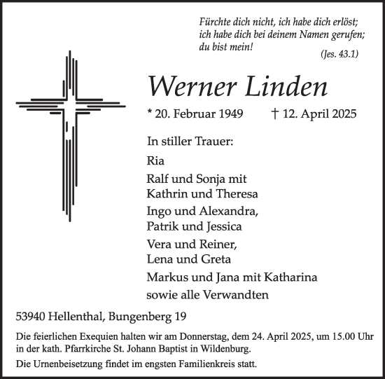 Traueranzeige von Werner Linden von WochenSpiegel