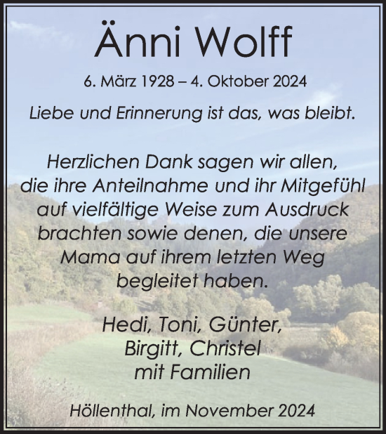 Traueranzeige von Änni Wolff von WochenSpiegel