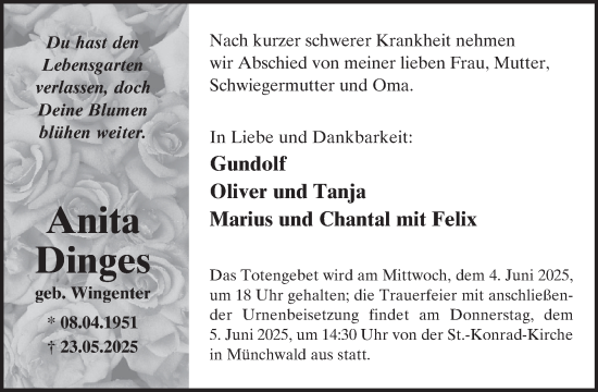 Traueranzeige von Anita Dinges von WochenSpiegel
